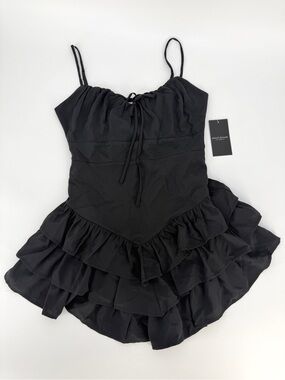 Black Coquette Fairy Grunge Tiered Ruffle Dress Goth Y2K Sweetheart Milkmaid M/L